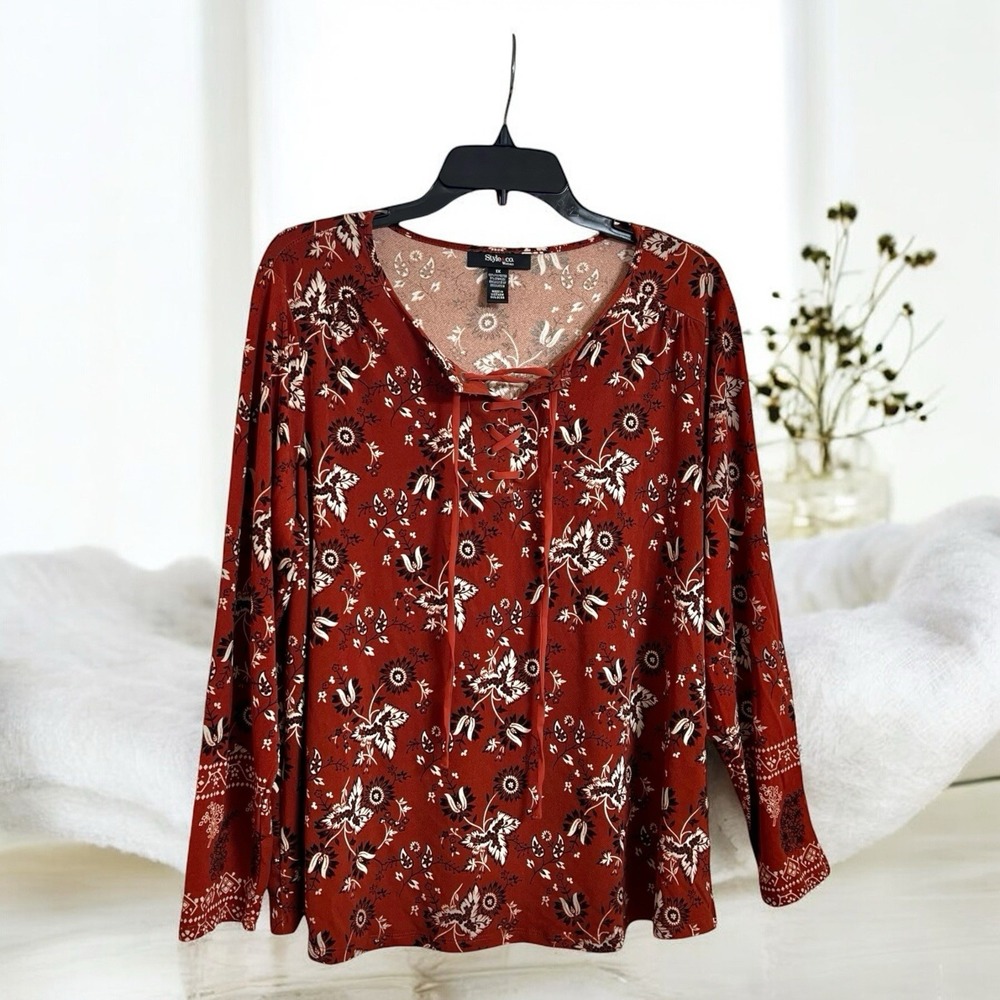 Style & Co Women's Lace Up Tie Front Long Sleeve Floral‎ Blouse Plus 1X NWT